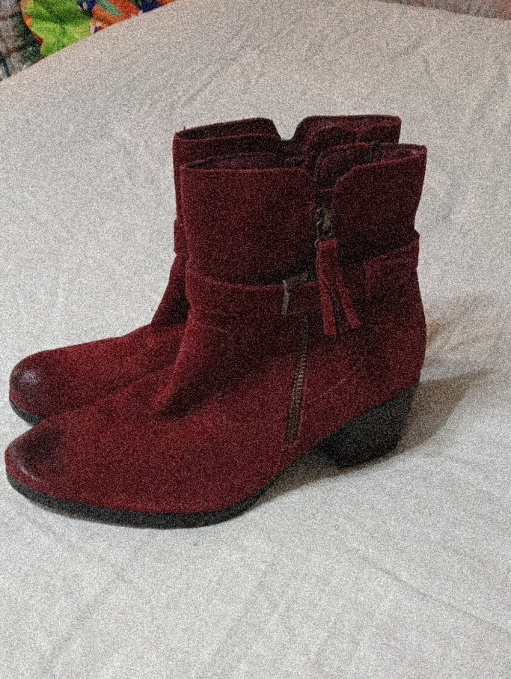 Earth Origins Burgundy Suede Ankle Booties with Side Tassel Zip